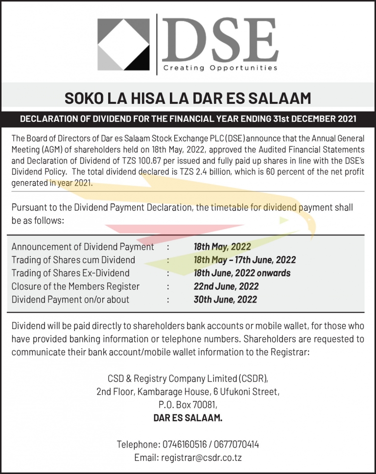 DSE PLC – NOTICE DECLARATION OF DIVIDEND FOR THE FINANCIAL YEAR ENDING 31st DECEMBER 2021
