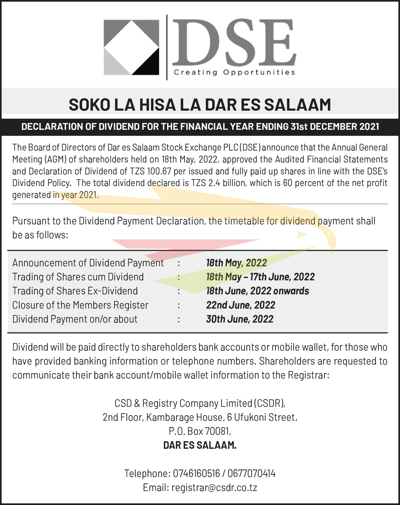 DSE PLC – NOTICE DECLARATION OF DIVIDEND FOR THE FINANCIAL YEAR ENDING 31st DECEMBER 2021
