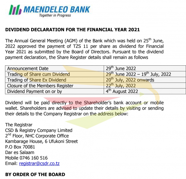 MBP DIVIDEND DECLARATION FOR THE FINANCIAL YEAR 2021