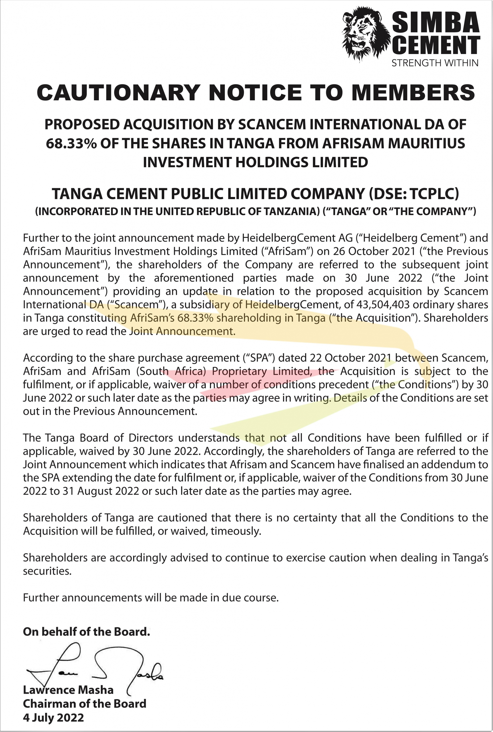 TCPLC Cautionary Notice – Extension of Protea Long Stop Date