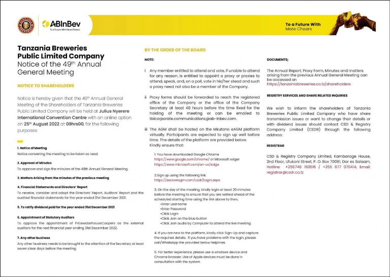 TBL Notice of the 49th Annual General Meeting To be held on 25th August 2022