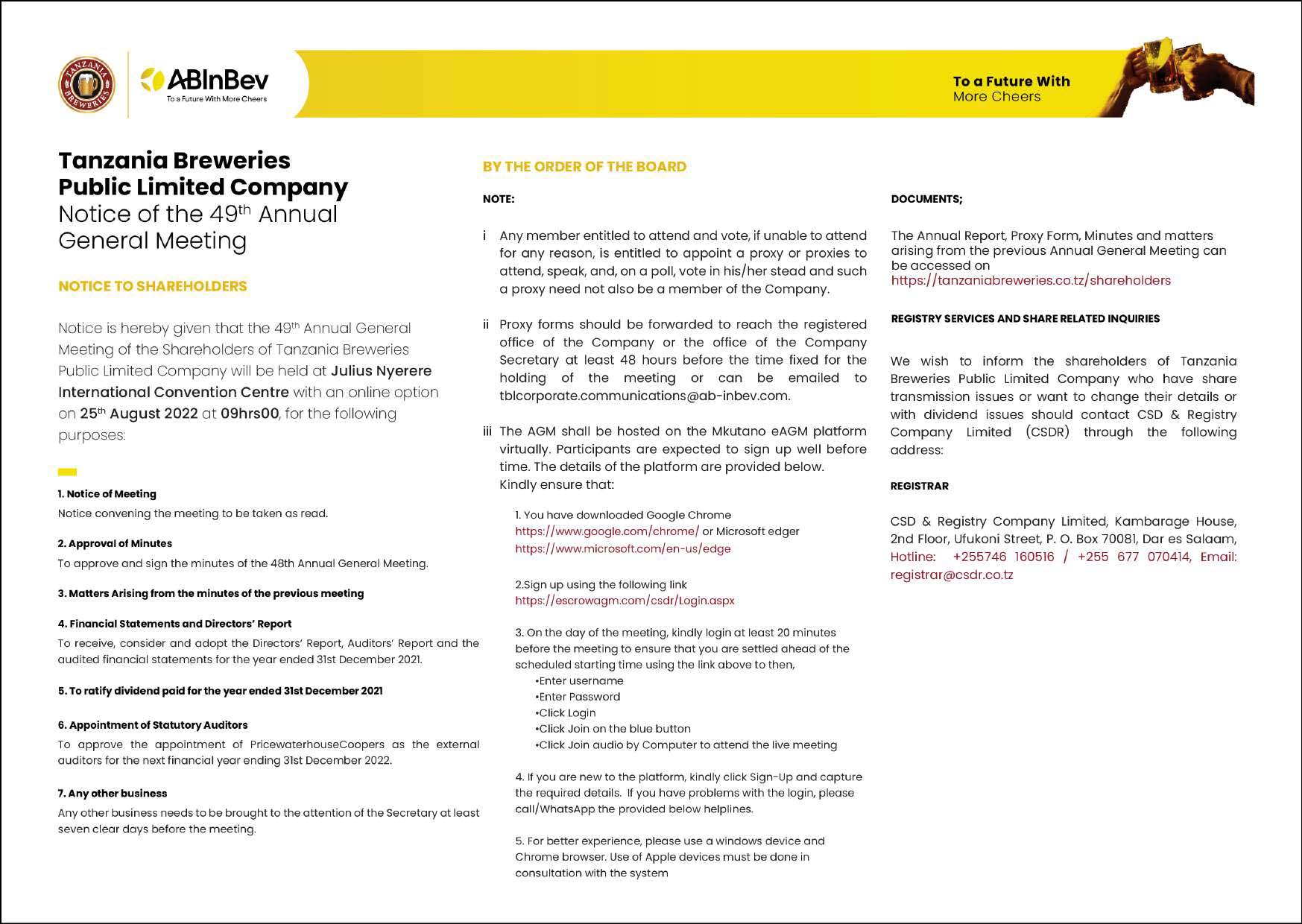 TBL Notice of the 49th Annual General Meeting To be held on 25th August 2022