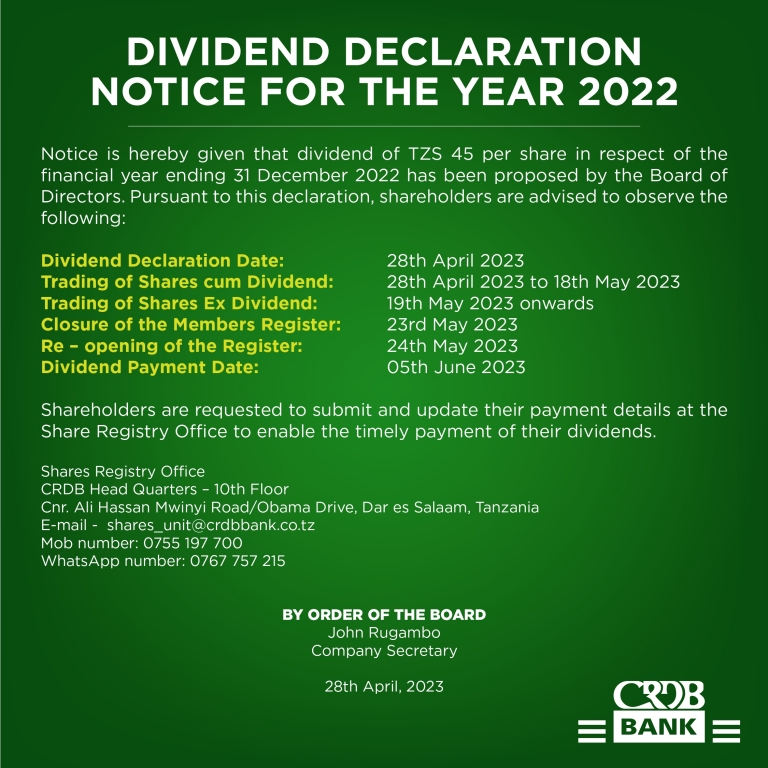 CRDB Dividend Declaration Notice – Year 2022