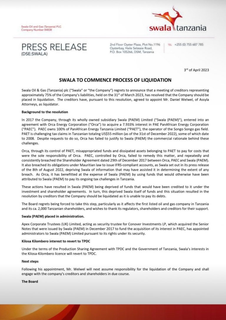 SWALA OIL & GAS PLC TO COMMENCE LIQUIDATION PROCESS