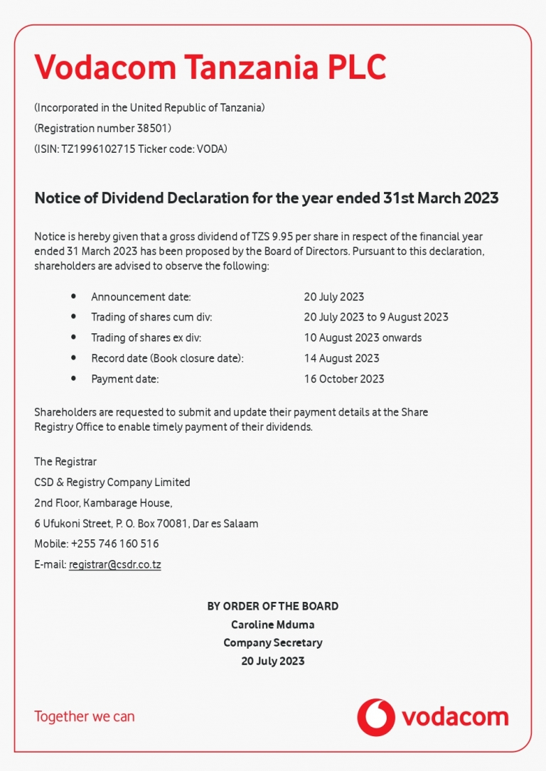 VODA – Dividend Declaration