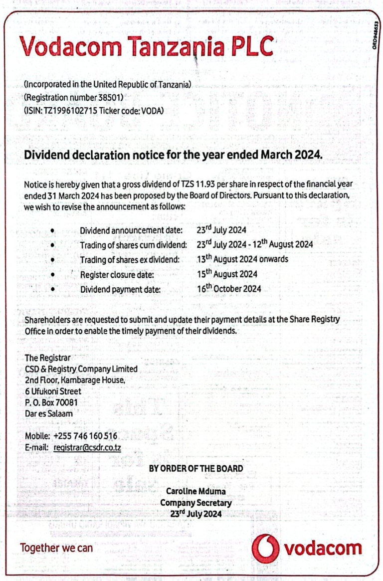 Vodacom: Dividends declaration notice for the year ended March 2024